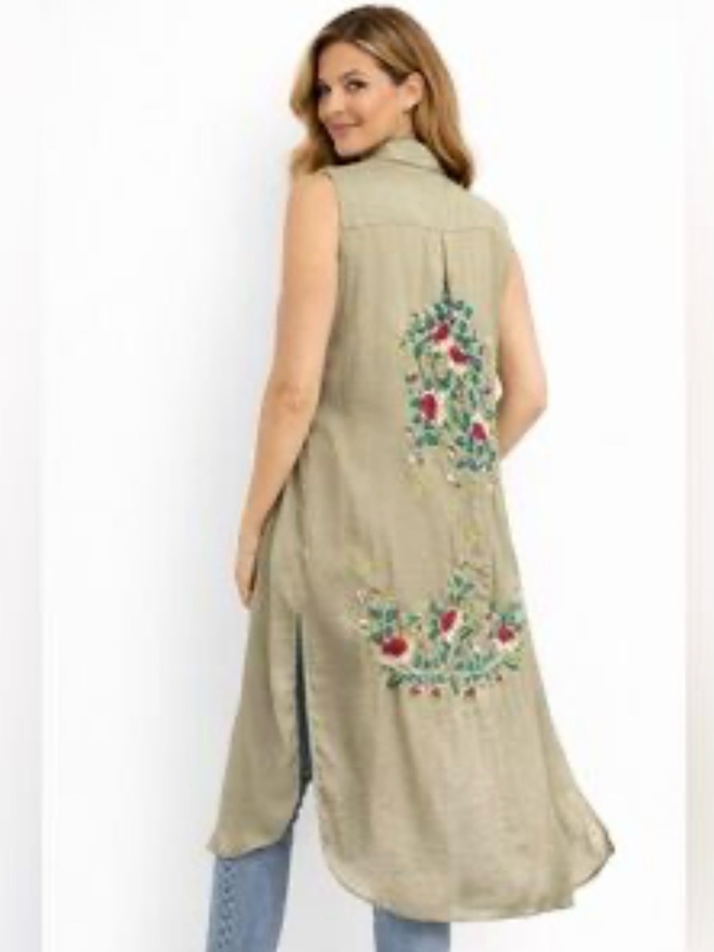 Zara Sleeveless Embroidered Long Tunic - Olive Green with Red Floral